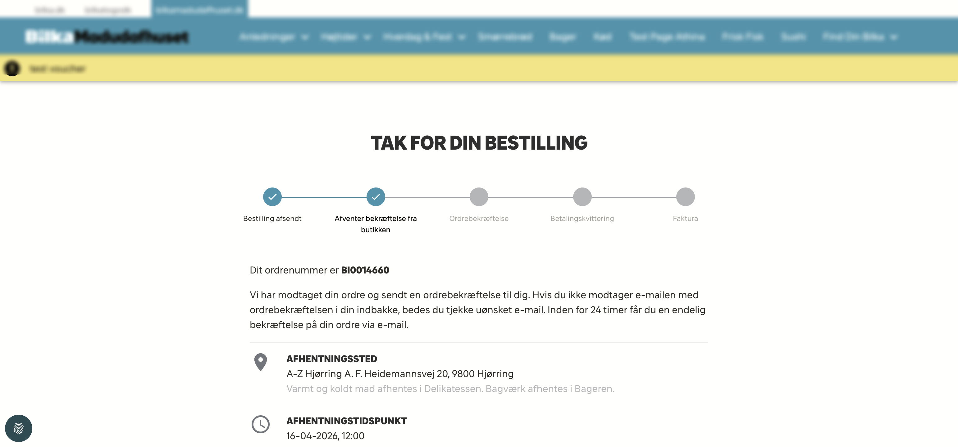 Order confirmation page with status timeline and pickup details